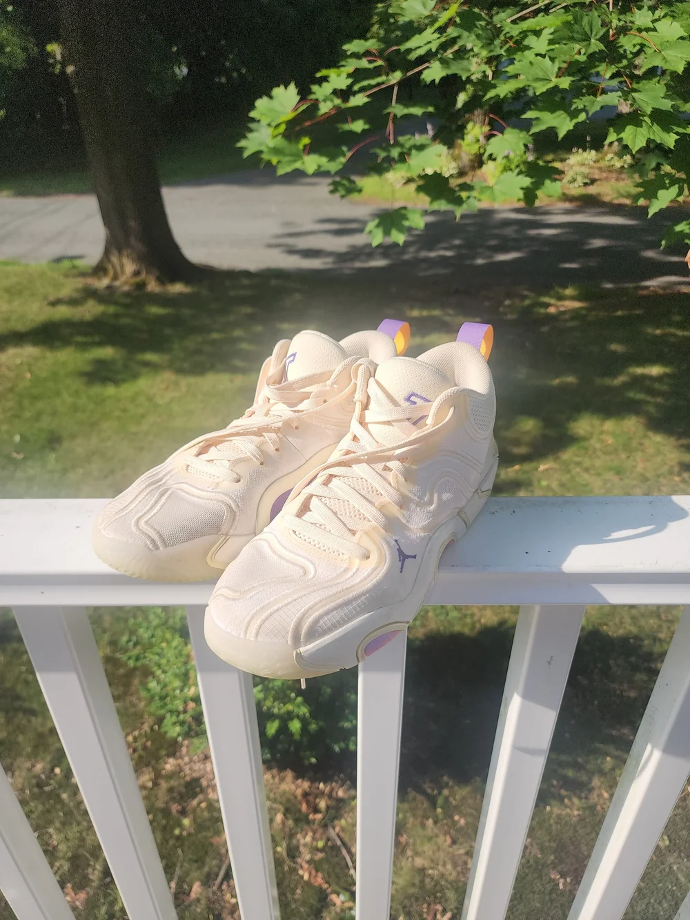 Size 7.5 Men's Jordan Tatum 3 Cream Athletic Sneakers with Purple Accents